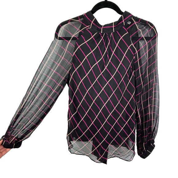 Milly Sioane Windowpane Print Silk Chiffon Top Black Pink Blouse Sheer Sleeves L - Picture 4 of 16
